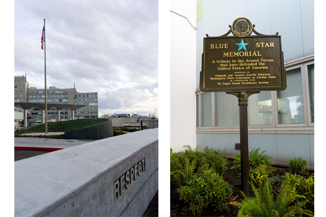 Left: Words of gratitude welcome patients entering from the parking lot. Right: Blue Star Memorial near building entry